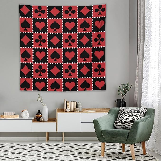 ZhiRain Casino Tapestry Wall Hanging Checkered Rhombus Pattern with Playing Card Gaming Club Theme Tapestries Home Decor for Living Room Bedroom Farmhouse Apartment Dorm 60"x60"