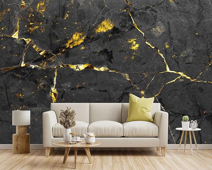 YIHWM -Black and Gold Marbled Fabric Wallpaper Dark Abstraction Art Living Room Bedroom Bathroom Wall Mural- 137"x96"（ not Peel and Stick）