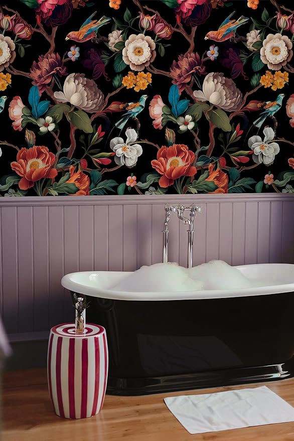 Zeeko Wall Mural Peel and Stick Black Floral Wallpaper Mural Canvas Fabric Vintage Dark Wallpaper for Room TV Background 98" W x 65" H (5 Strips) Large Wall Paintings Home Decor