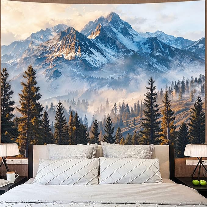 Zussun Nature Forest Mountain Tapestry Misty Pine Tree Woodland Wall Tapestry for Bedroom Aesthetic Snowy Mountain Landscape Large Tapestries Wall Hanging for Dorm Living Room Decor 80 x 60 Inch