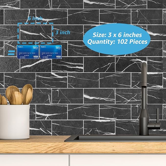 Art3d 102-Piece Faux Stone Peel and Stick Backsplash Tile, Waterproof Thick PVC Stick On Subway Wall Tile for Kitchen Bathroom Laundry Room Fireplace - 3" x 6" Black Marble
