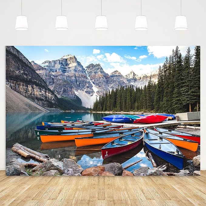 ZHXYMMS Mountain Lake Backdrop Banff National Park Lake Forest Scenery Photography Background Canadian Rockies Pine Trees Lakeside Canoe Outdoor Decorations Banner Photo Booth Studio Props 9x6ft