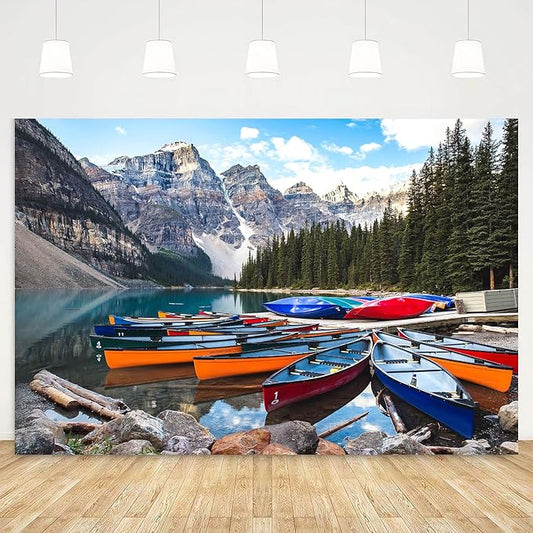ZHXYMMS Mountain Lake Backdrop Banff National Park Lake Forest Scenery Photography Background Canadian Rockies Pine Trees Lakeside Canoe Outdoor Decorations Banner Photo Booth Studio Props 9x6ft