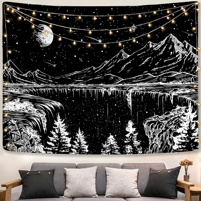Zussun Black and White Tapestry Starry Night Mountain Tapestries for Bedroom Aesthetic Moon and Stars Tapastry's Wall Hanging Dark Nature Forest Wall Tapestry for Living Room Dorm (60'' × 44'')