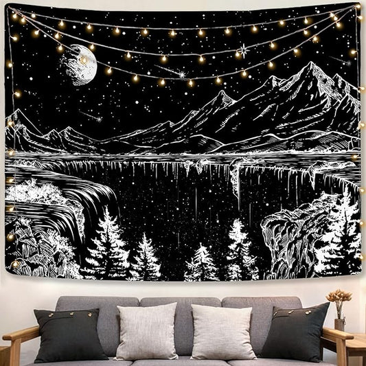 Zussun Black and White Tapestry Starry Night Mountain Tapestries for Bedroom Aesthetic Moon and Stars Tapastry's Wall Hanging Dark Nature Forest Wall Tapestry for Living Room Dorm (48'' × 36'')