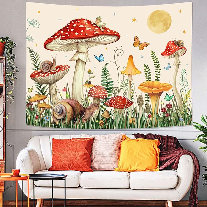 Zussun Red Mushroom Tapestry Moon Star Tapestries for Bedroom Aesthetic Beige Starry Night Green Plant Tapastrys Wall Hanging Butterfly Snail Frog Wall Tapestry for Living Room Dorm (Beige, 60" x 44")