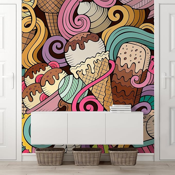 wall26 Cartoon Hand-Drawn Ice Cream Doodles Seamless Pattern Removable Wall Mural Self-Adhesive Large Wallpaper - 120x96 inches