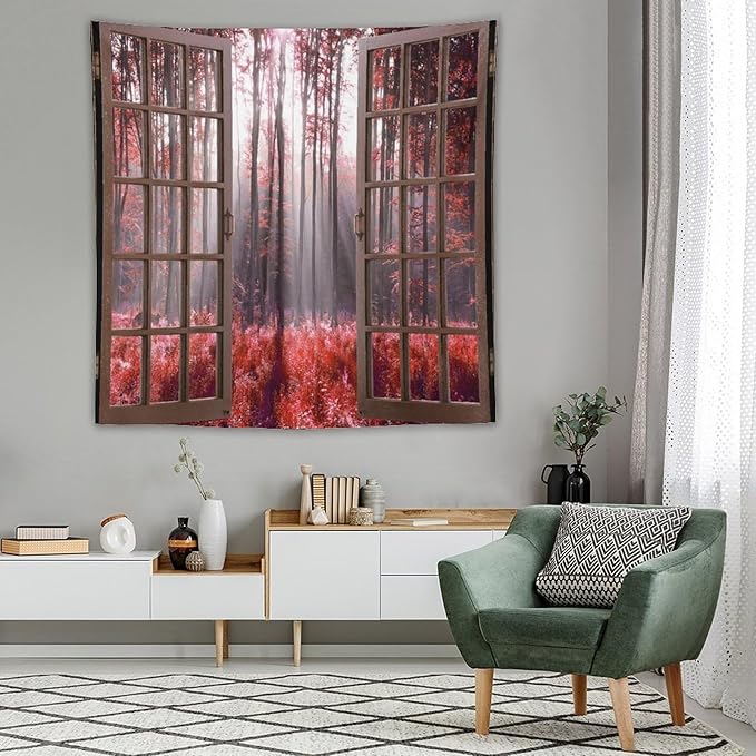 ZhiRain Red Forest Tapestry Wall Hanging Season Foggy Nature And Enchanted Woods Wild Trees Print Tapestries Home Decor for Living Room Bedroom Apartment Farmhouse Dorm 60"x60"