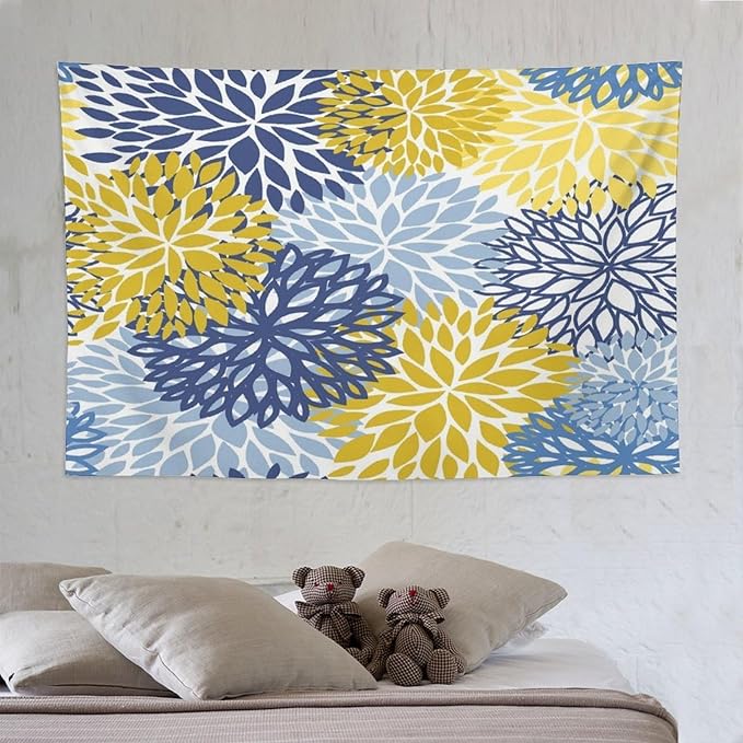 ZhiRain Blue Yellow Floral Tapestry Wall Hanging Boho Dahlia Chrisanthemum Flowers Pattern Tapestries Home Decor for Living Room Bedroom Farmhouse Apartment Dorm 60"x90"