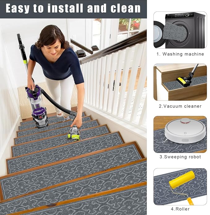 4Pcs Stair Treads for Wooden Steps Indoor with Self Adhesive, 8"x30" Non Slip Stair Runners-Peel & Stick Indoor Stair Carpet Runner, Resistant Indoor Runner for Kids、Elders and Pets,Dark Grey