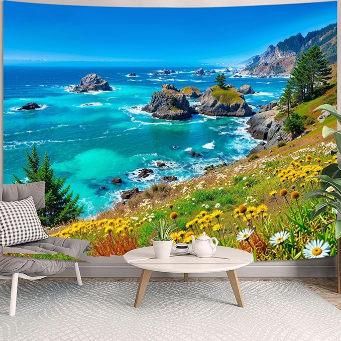 Zussun Nature Mountain Tapestry Coastal Mountain Grassland Tapestry for Bedroom Aesthetic Blue Ocean Landscape Large Tapestries Wall Hanging for Dorm Living Room Decor 80 x 60 Inch
