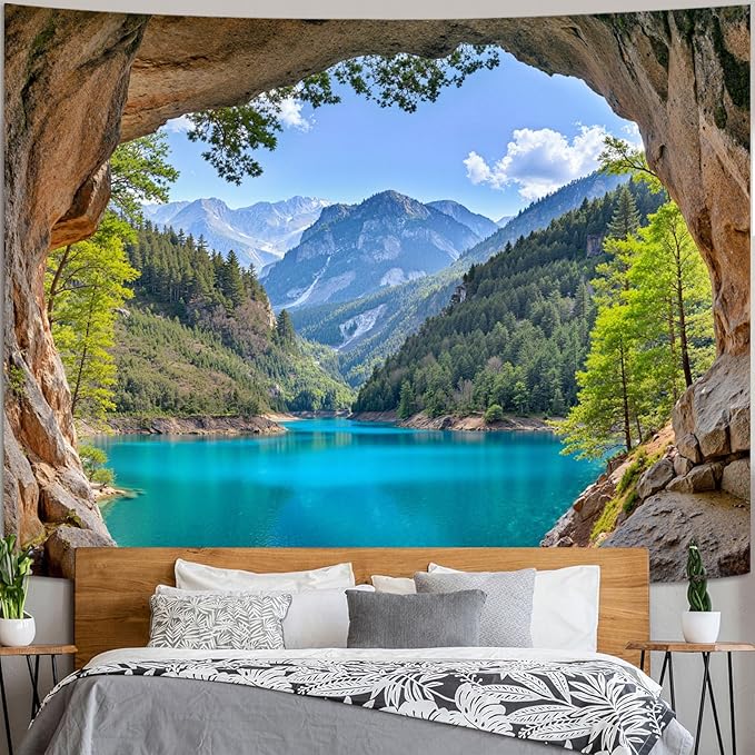 Zussun Nature Forest Mountain Tapestry Cave Pine Tree Tapestry for Bedroom Aesthetic Teal Lake Landscape Large Tapestries Wall Hanging for Dorm Living Room Decor 80 x 60 Inch