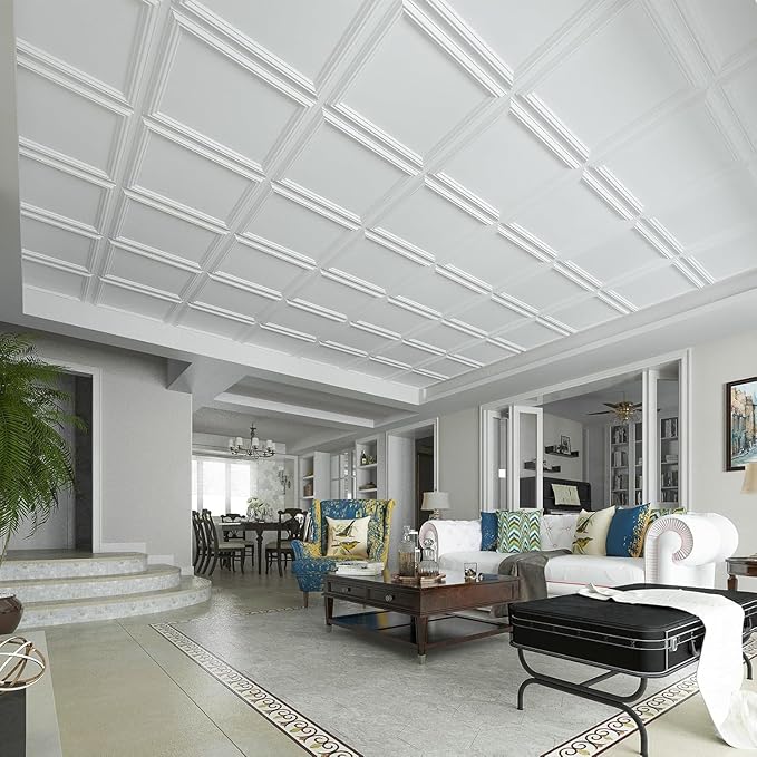 Art3d 12-Pack Drop Relief Ceiling Tiles for Home, Office & Commercial Space, 24 x 24in PVC Waterproof 3D Wall Panels Cover 48 Sq. Ft, White
