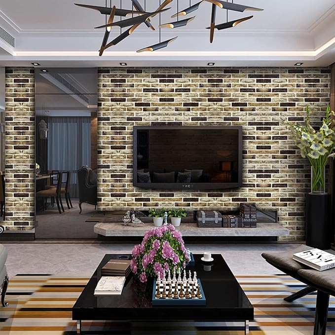 10-Pack 52 Sq.Ft 3D Wall Panels Peel and Stick 3D Faux Brick Wallpaper Peel and Stick Yellow Brown Faux Stone Wall Panel Foam Brick Self-Adhesive 3D Wallpaper