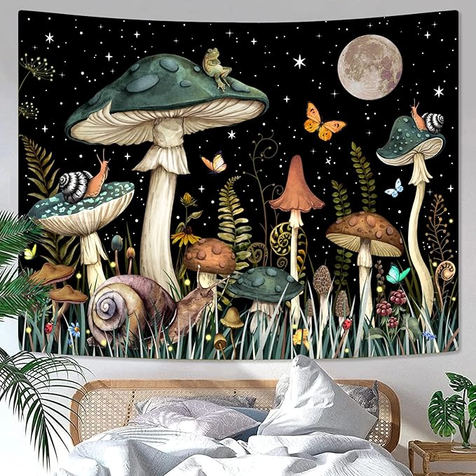 Zussun Green Mushroom Tapestry Moon Star Tapestries for Bedroom Aesthetic Starry Night Plant Tapastrys Wall Hanging Butterfly Snail Frog Wall Tapestry for Living Room Dorm (Dark, 90" x 68")