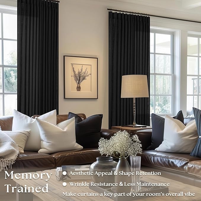 120 Inch Curtains High Ceiling Tall Curtains 2 Panels Set for Living Room Pinch Pleated with Hooks Rings Back Tab Bohemian Semi Sheer Drapes Cottage Long Large Window Drapes 120 Length Black