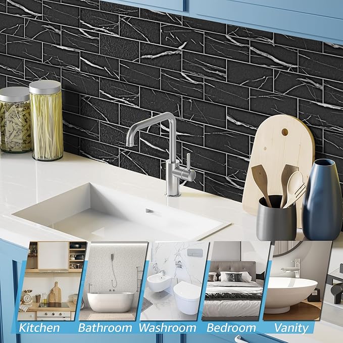 Art3d 102-Piece Faux Stone Peel and Stick Backsplash Tile, Waterproof Thick PVC Stick On Subway Wall Tile for Kitchen Bathroom Laundry Room Fireplace - 3" x 6" Black Marble