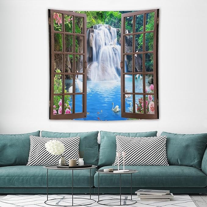 ZhiRain Waterfall Landscape Tapestry Wall Hanging Natural Forest Garden Trees And Roses Flower Scenery Tapestries Home Decor for Living Room Bedroom Apartment Farmhouse Dorm 60"x60"