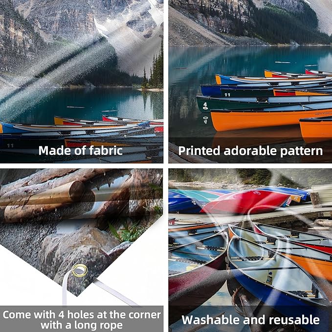 ZHXYMMS Mountain Lake Backdrop Banff National Park Lake Forest Scenery Photography Background Canadian Rockies Pine Trees Lakeside Canoe Outdoor Decorations Banner Photo Booth Studio Props 10X7ft