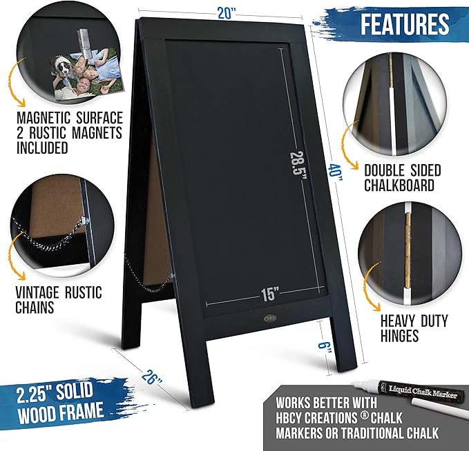 A Frame Chalkboard with Chalk Markers by HBCY Creations: 40x20 Solid Wood A-Frame Sign Gray Double-Sided Magentic Menu Board, Deluxe Set Includes 8 Chalk Markers, 10 Stencils, 2 Magnets