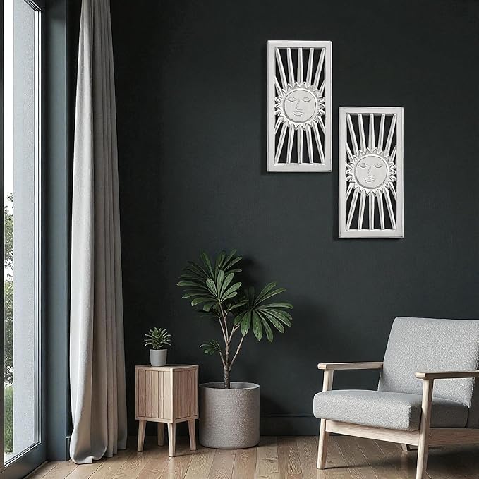 Wood Wall Art - Wall Panels in Handcrafted Carved Wood For Livingroom Bedroom,Dining room,Elegant Decorative Wall Art for Home & Office 8x16" Set of 2 White Antique_Sun Burst Designs