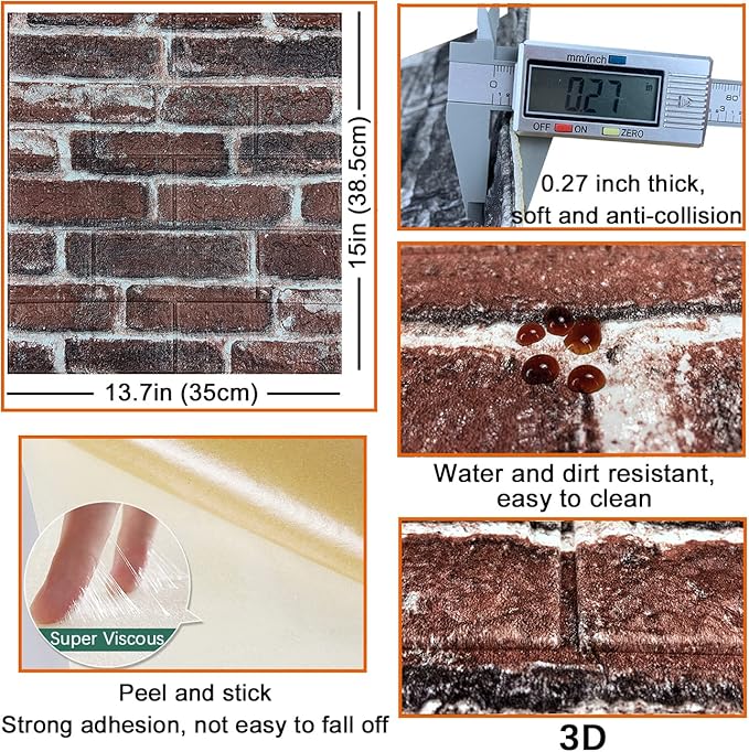 20PCS 3D Wall Panels Peel and Stick 3D Brick Wallpaper Peel and Stick Faux Stone Wall Panel Foam Brick Self-Adhesive Wallpaper (Red,20pcs)