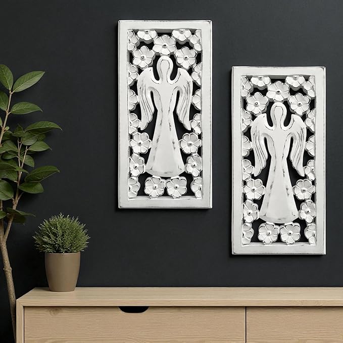 Wood Wall Art - Wall Panels in Handcrafted Carved Wood For Livingroom Bedroom,Dining room,Elegant Decorative Wall Art for Home & Office 8x16" Set of 2 White Antique_Angels Designs