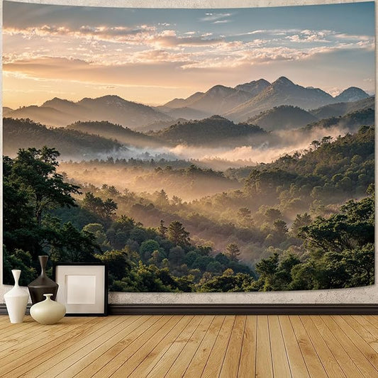 Zussun Nature Mountain Forest Tapestry Dawn Misty Green Tree Jungle Wall Tapestry for Bedroom Aesthetic Lush Sunshine Landscape Large Tapestries Wall Hanging for Dorm Living Room Decor 80 x 60 Inch