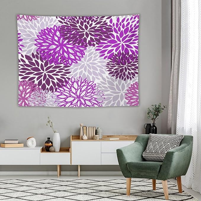 ZhiRain Dahlia Flower Tapestry Wall Hanging Purple Abstract Floral Chrisanthemum Pattern Tapestries Home Decor for Living Room Bedroom Farmhouse Apartment Dorm 60"x80"