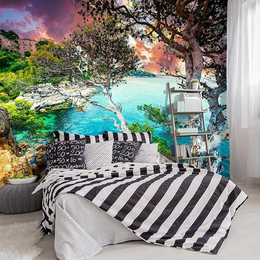 YIHWM -Summer Sandy Shore Landscapes Fabric Wallpaper Clear Ocean seashores Islands Living Room Bedroom Bathroom Wall Mural- 160"x108"（ not Peel and Stick）