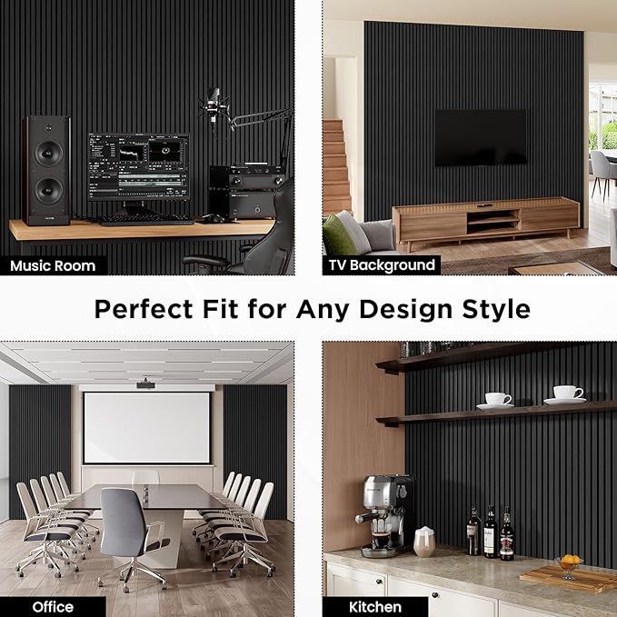 Wood Slat Acoustic Panels, 94" x 23.6" Each Soundpoof Wooden Slat Wall Panel, Classic Black, 2 Pack