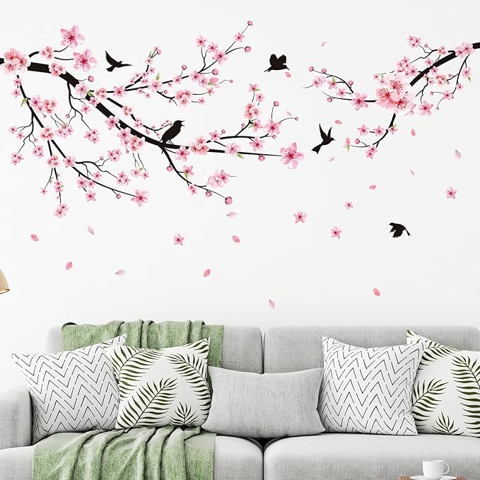 Zonon 6 Pcs Flowers Wall Decals Stickers Vinyl Removable Peel and Stick Colorful Dragonflies Floral Wall Murals Decor for Bedroom Living Room Nursery (Cherry Blossoms)