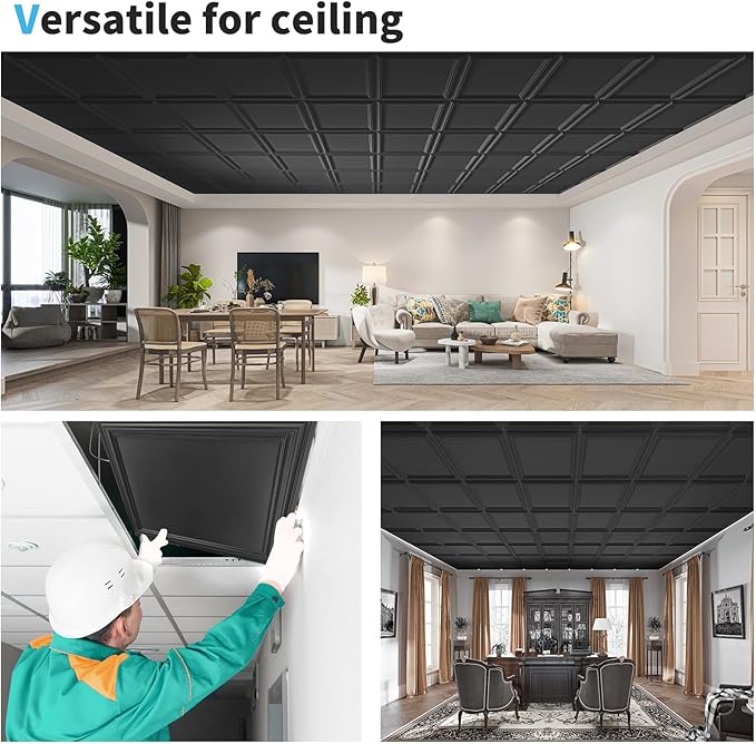 Art3d 12-Pack Drop Relief Ceiling Tiles for Home, Office & Commercial Space, 24 x 24in PVC Waterproof 3D Wall Panels Cover 48 Sq. Ft, Black