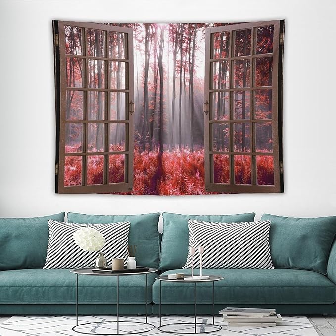 ZhiRain Red Forest Tapestry Wall Hanging Season Foggy Nature And Enchanted Woods Wild Trees Print Tapestries Home Decor for Living Room Bedroom Apartment Farmhouse Dorm 60"x80"