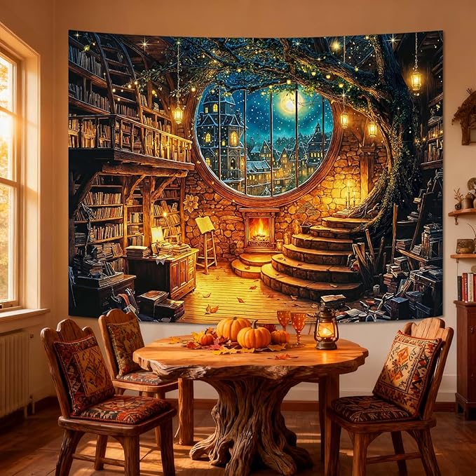 Yeoiat Tapestry Magical Winter Library Tapestries Round Window Wall Hanging Snowy Village Cottagecore Decor Bedroom Dormitory 90"x70"