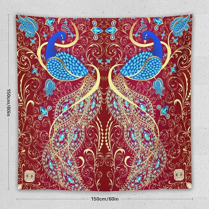 ZhiRain Peacock Ornament Tapestry Wall Hanging Golden Red Background Elegant Bohemian Style Tapestries Home Decor for Living Room Bedroom Farmhouse Apartment Dorm 60"x60"