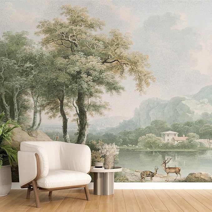 Zeeko Vintage Forest Wall Mural Peel and Stick 148"x98" Canvas Waterproof Self-Adhesive Removable Wallpaper for Bedroom Living Room Green Countryside Landscape Wall Art Decor