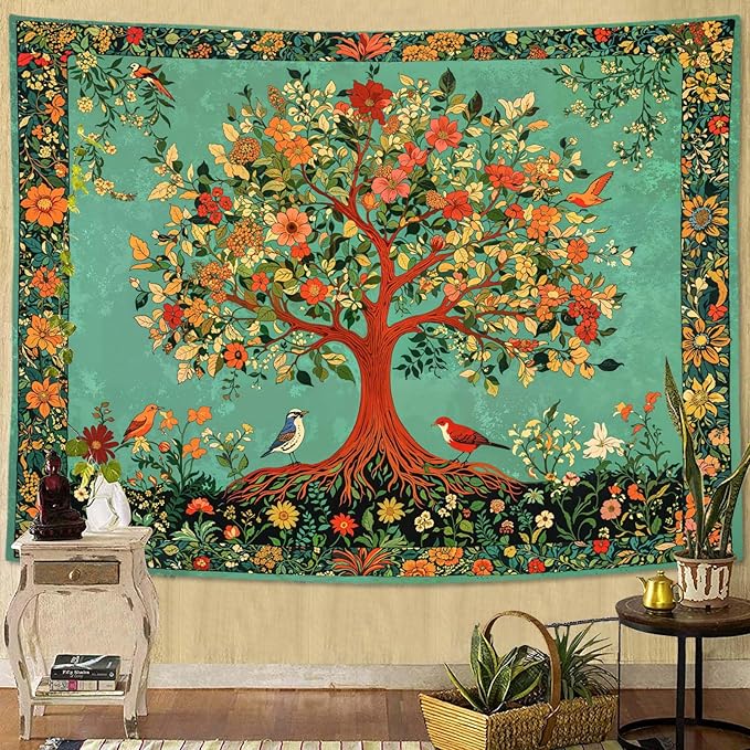 Zussun Boho Tree of Life Tapestry Vintage Nature Green Pink Plant Floral Flowers Leaves Birds Tapestries for Bedroom Aesthetic Retro Indian Tapestry Wall Hanging for Dorm Living Room 48 x 36 Inch