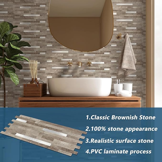 Yipscazo 20 Sheets PVC Wall Tiles Stick on Tiles for Backsplash Kitchen, Bathroom, Laundry Room, Camper, Fireplace (6'' X 12'', Brownish Stone)