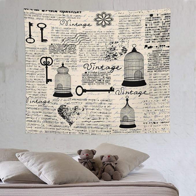 ZhiRain Old Newspaper Tapestry Wall Hanging Bird Cages Grunge Retro Pattern Keys Heart Shapes And Flower Tapestries Home Decor for Living Room Bedroom Apartment Farmhouse Dorm 50"x60"