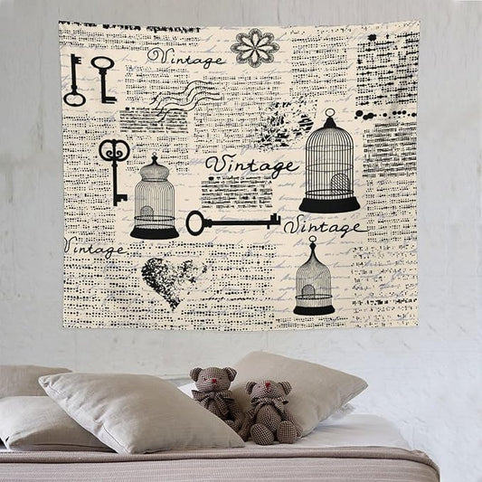 ZhiRain Old Newspaper Tapestry Wall Hanging Bird Cages Grunge Retro Pattern Keys Heart Shapes And Flower Tapestries Home Decor for Living Room Bedroom Apartment Farmhouse Dorm 50"x60"