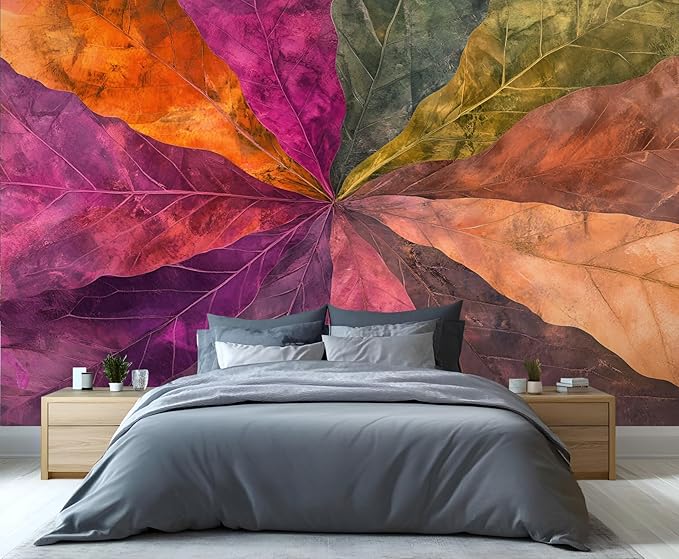 Abstract Colorful Gradient Leaves Wall Mural, Marble Texture Mural Wallpaper, Nordic Creative Art Large Wallpaper for Bedroom Living Room Dining Room Wall Decor 110" W x 79" H
