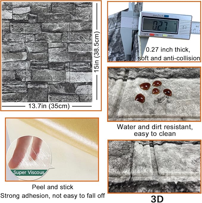 10PCS 3D Wall Panels Peel and Stick 3D Brick Wallpaper Peel and Stick Faux Stone Wall Panel Foam Brick Self-Adhesive Wallpaper (Black,10pcs)