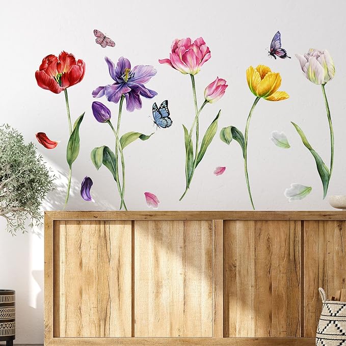 Zonon 6 Pcs Flowers Wall Decals Stickers Vinyl Removable Peel and Stick Colorful Dragonflies Floral Wall Murals Decor for Bedroom Living Room Nursery(Tulip)