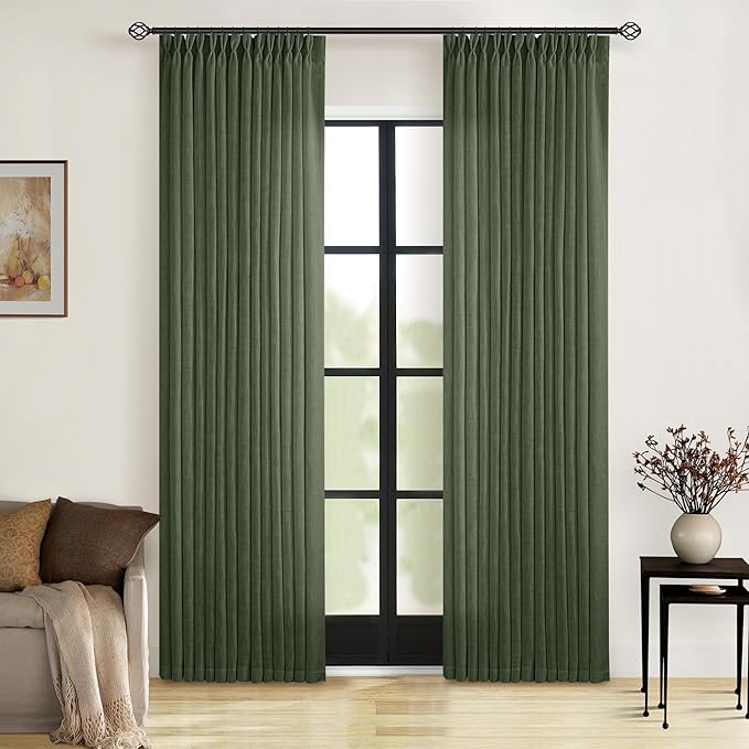 80 Inches Long Olive Green Linen Curtains for Living Room Pinch Pleat Hooks for Living Room Back Tab Thick Linen Textured Pleated Drapes Light Filtering Loden Bedroom Window Curtains 80 Inch Length