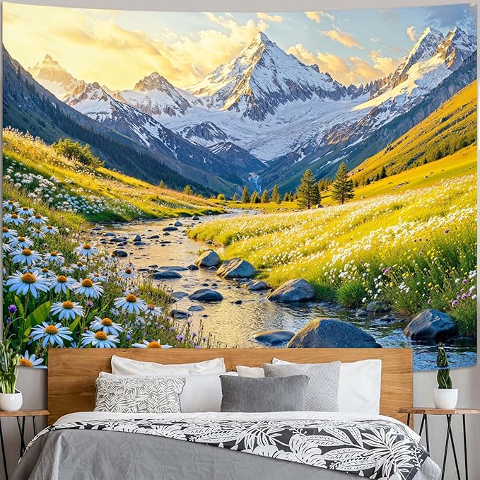 Zussun Nature Mountain Tapestry Daisy Flower Yellow Meadow Tapestry for Bedroom Aesthetic Sunlit Valley Snowy Stream Landscape Small Tapestries Wall Hanging for Dorm Living Room Decor 48 x 36 Inch