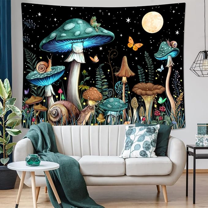 Zussun Teal Mushroom Tapestry Moon Star Tapestries for Bedroom Aesthetic Starry Night Green Plant Tapastrys Wall Hanging Butterfly Snail Frog Wall Tapestry for Living Room Dorm (Green, 60" x 44")