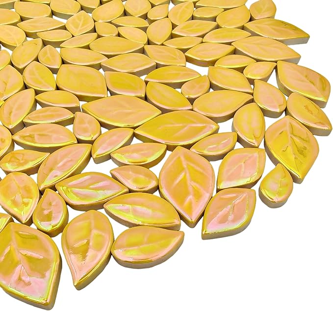 500g/1.1lb Leaf-Shaped Ceramic Mosaic Tiles,Ceramic Mosaic Pieces for Crafts,Mosaic Tiles for Home Decoration or DIY Crafts,Mosaic Making Supplies. (Iridescent Yellow)