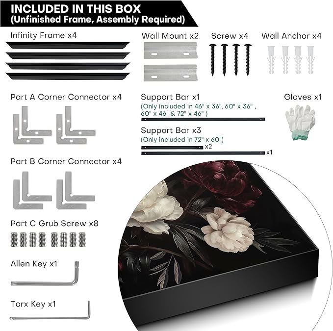 36"x60" XL Framed Wall Art - Decor Classic Dark Floral Bouquet (Frame Assembly Required)