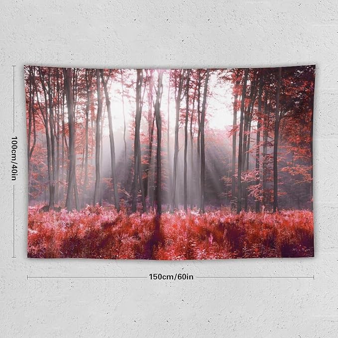 ZhiRain Red Forest Tapestry Wall Hanging Season Foggy Nature And Enchanted Woods Wild Trees Print Tapestries Home Decor for Living Room Bedroom Apartment Farmhouse Dorm 40"x60"